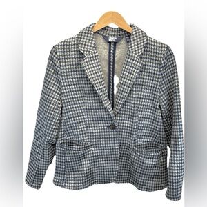 Lands’ End Women’s Houndstooth Knit Blazer Blue Green One Button Size M Petite